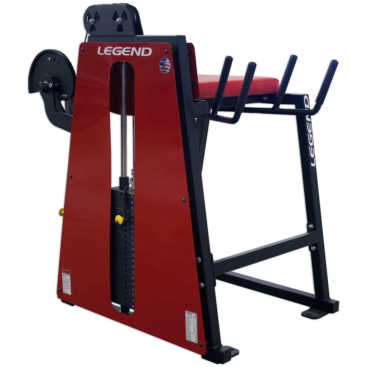 The Legend Fitness 976 Performance Reverse Back Extension Machine features a padded seat, weight stack, and distinctive red and black design for lower body exercises. The Legend Fitness logo appears on the side panel.