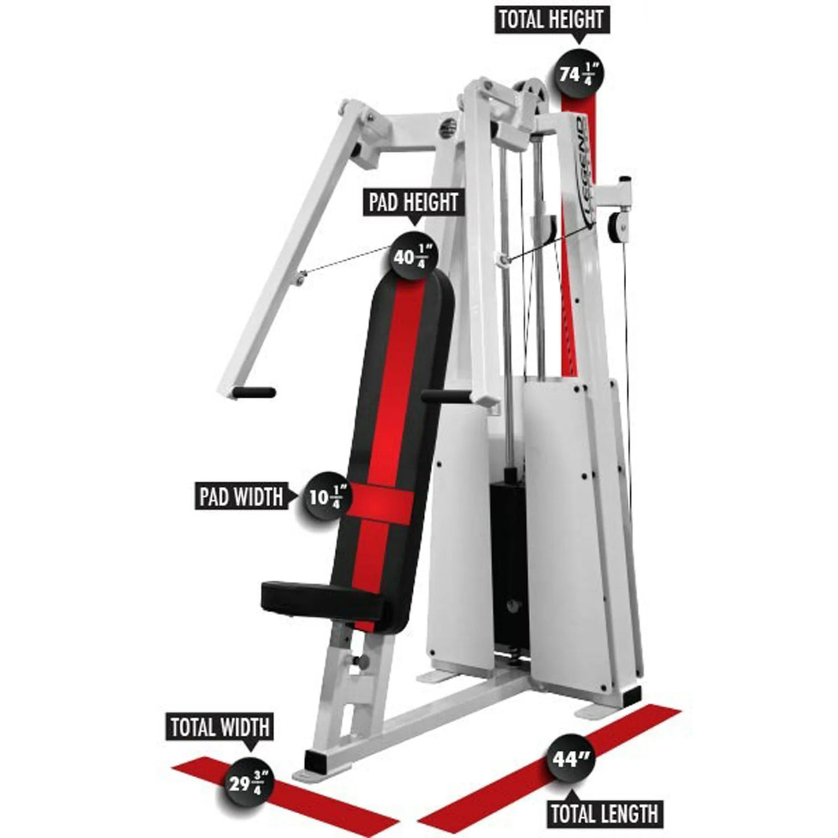 The Legend Fitness 991 Unilateral Converging Chest Press Machine by Legend Fitness is shown in white and black with red accents, featuring labeled measurements: 74" total height, 40.5" pad height, 10.5" pad width, 29.5" width, and 44" length.