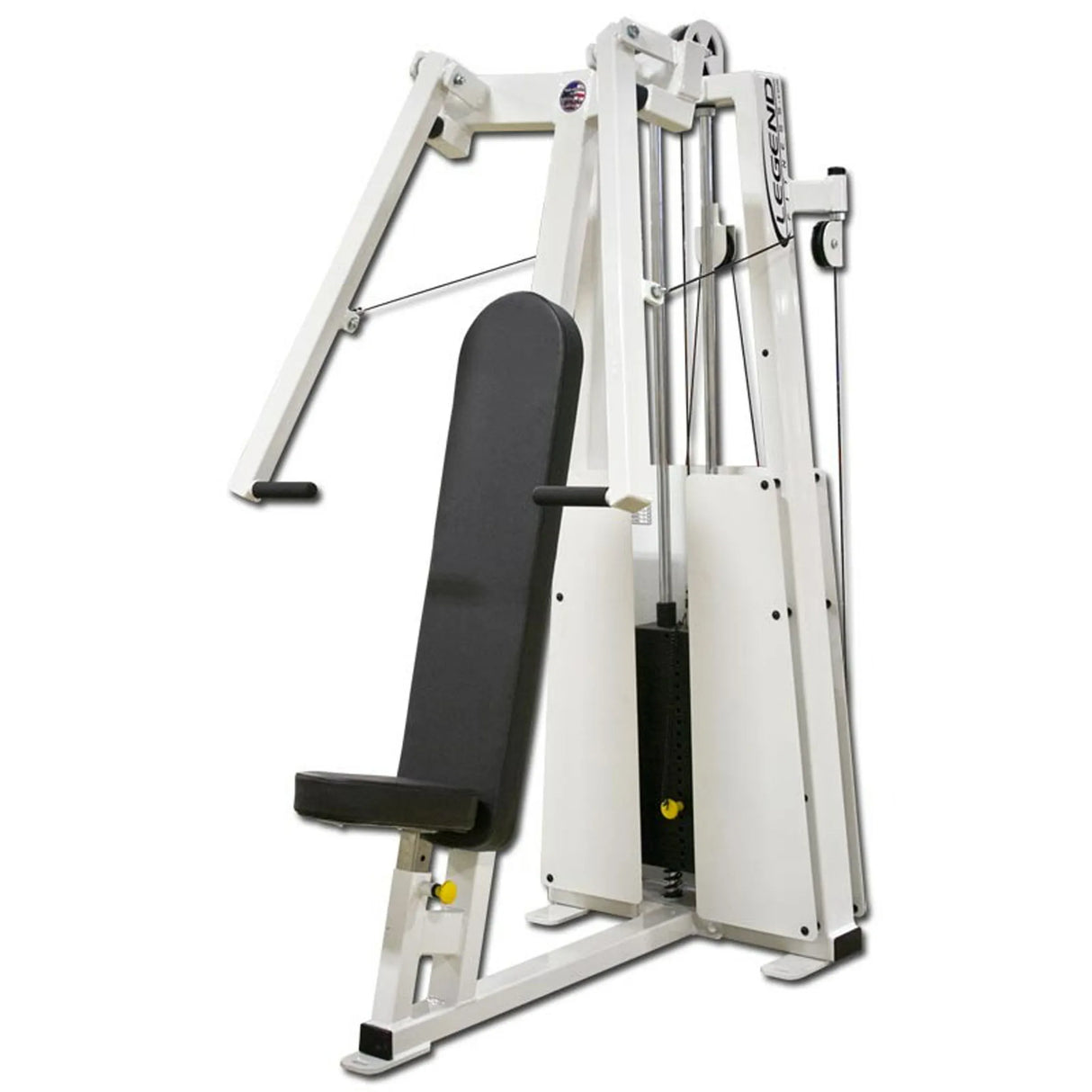 The Legend Fitness 991 Unilateral Converging Chest Press Machine by Legend Fitness is a white, upright strength training machine with a padded black seat and backrest, two push handles, and an adjustable weight stack for gym use.
