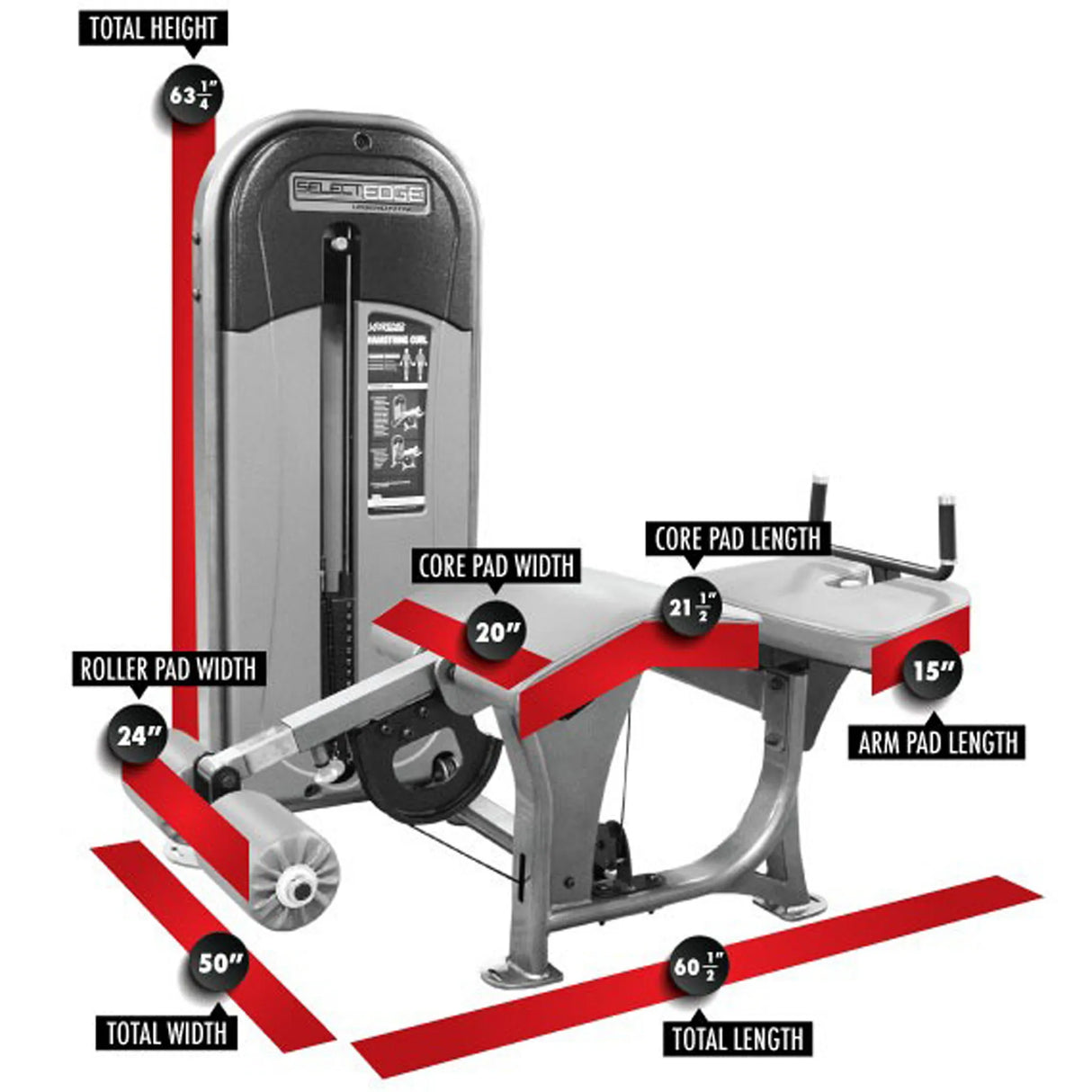 Gym machine with labeled dimensions on a white background