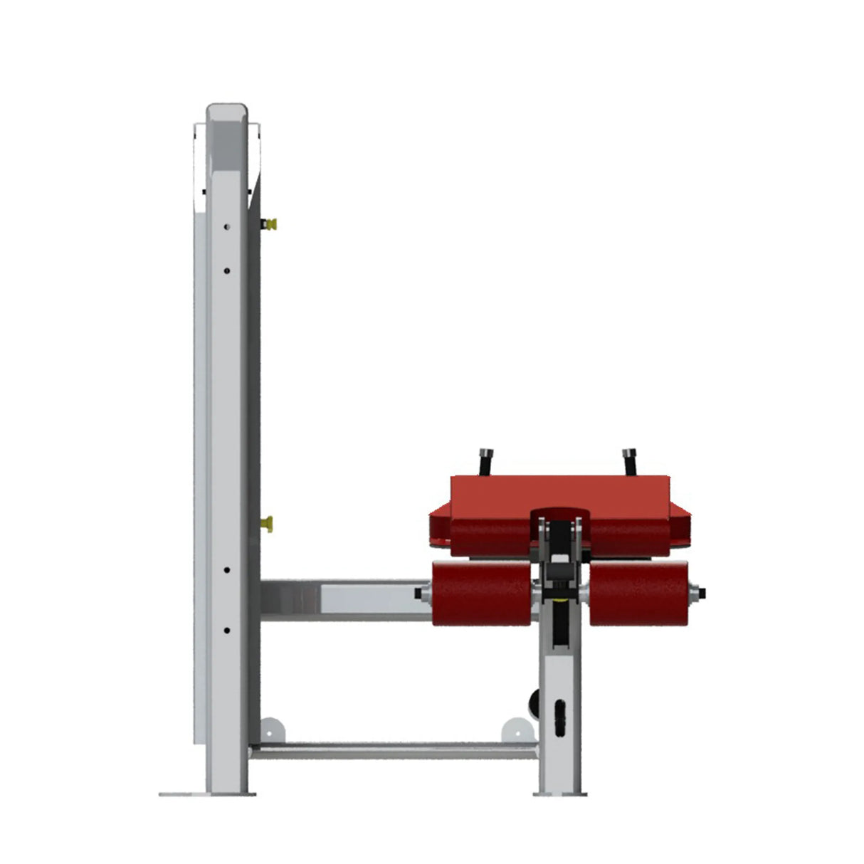 Gym fitness machine with red pads and a gray frame on a white background