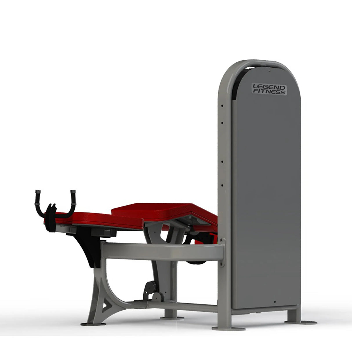 Gym fitness machine with red pads and a gray frame on a white background