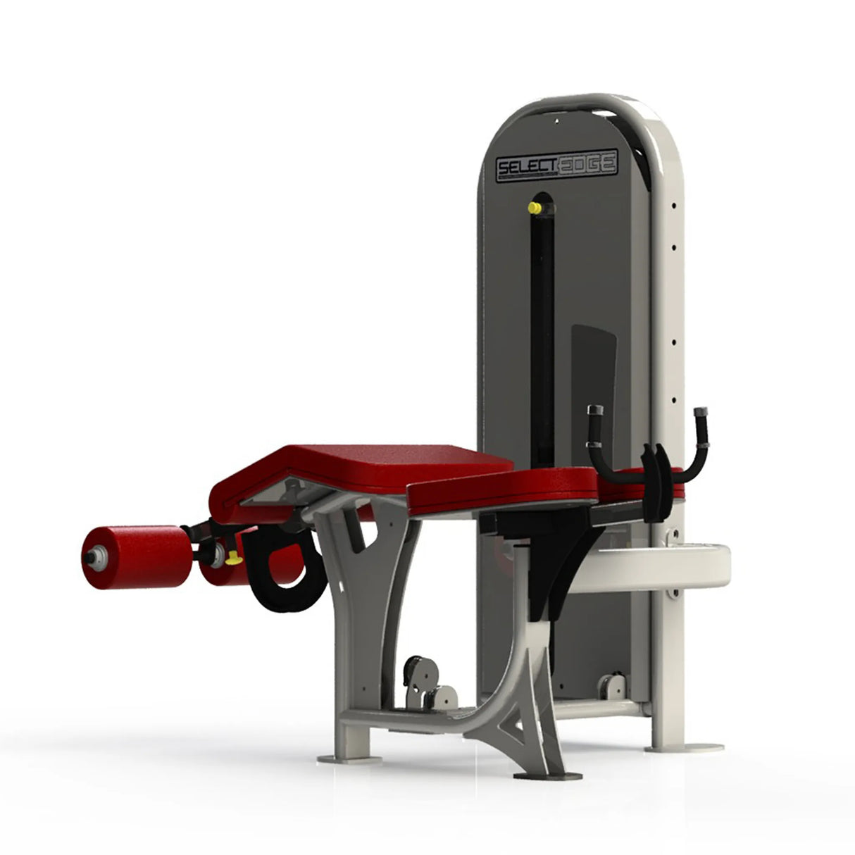 Gym fitness machine with red pads and a gray frame on a white background