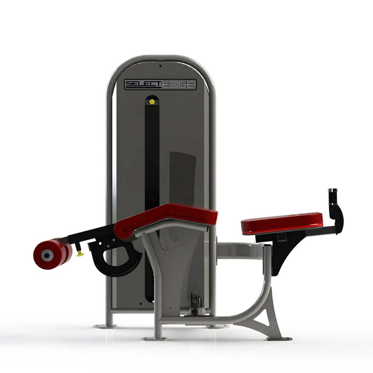 Gym fitness machine with red pads and a gray frame on a white background