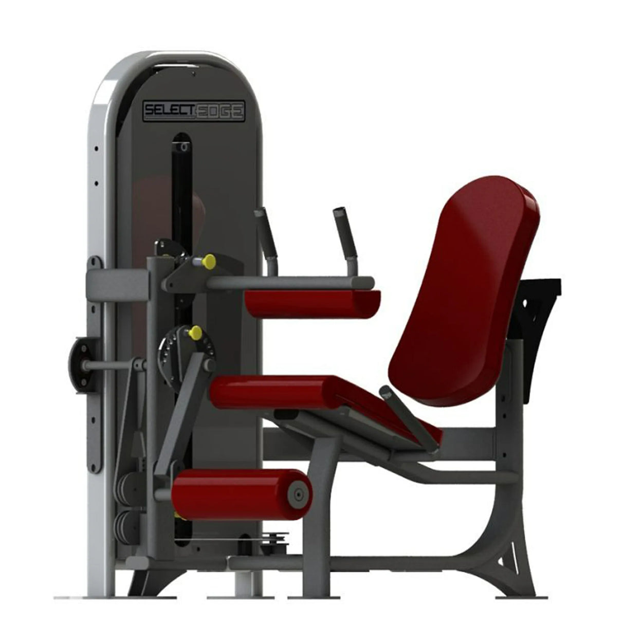 Gym fitness machine with red pads and a gray frame on a white background