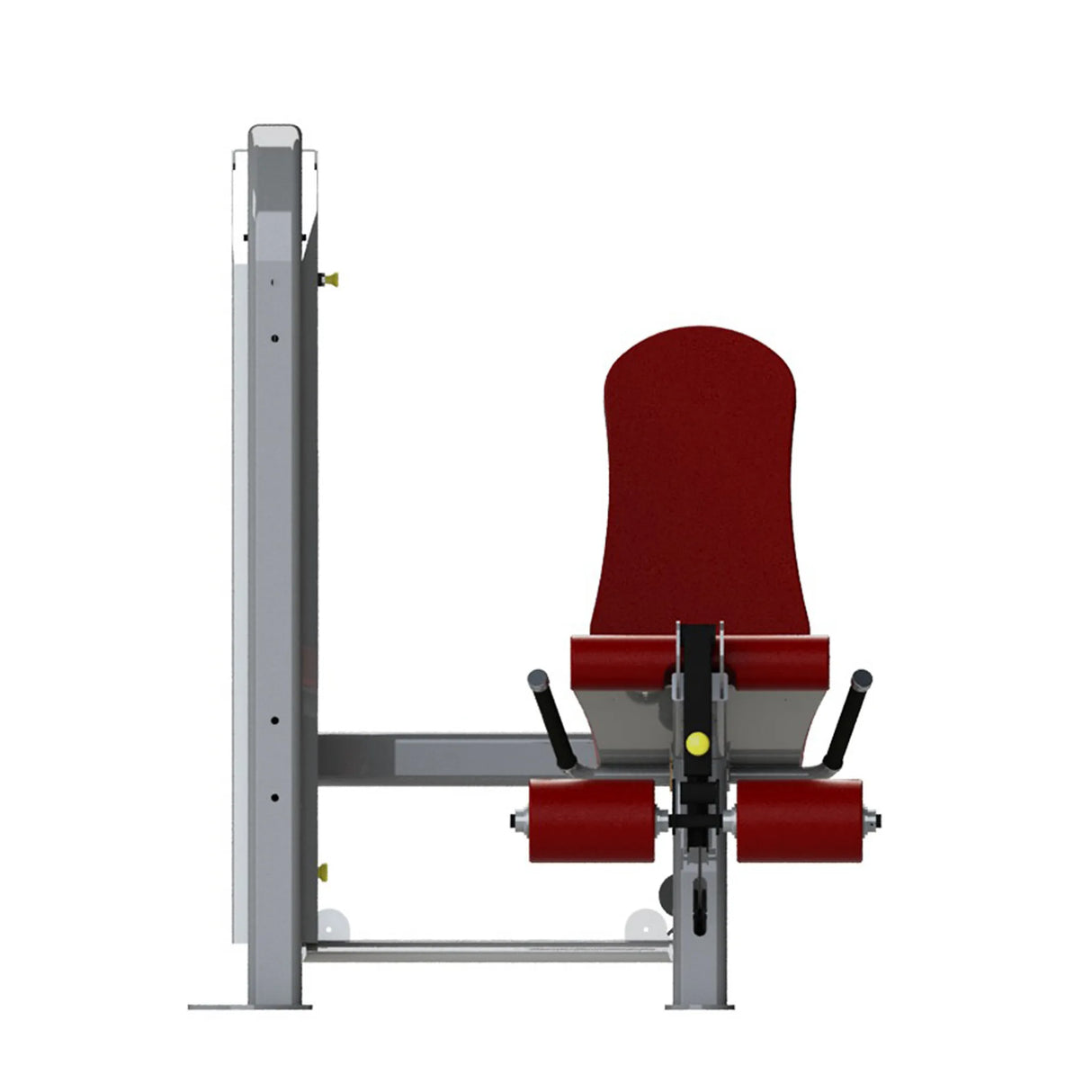 Gym fitness machine with red pads and a gray frame on a white background