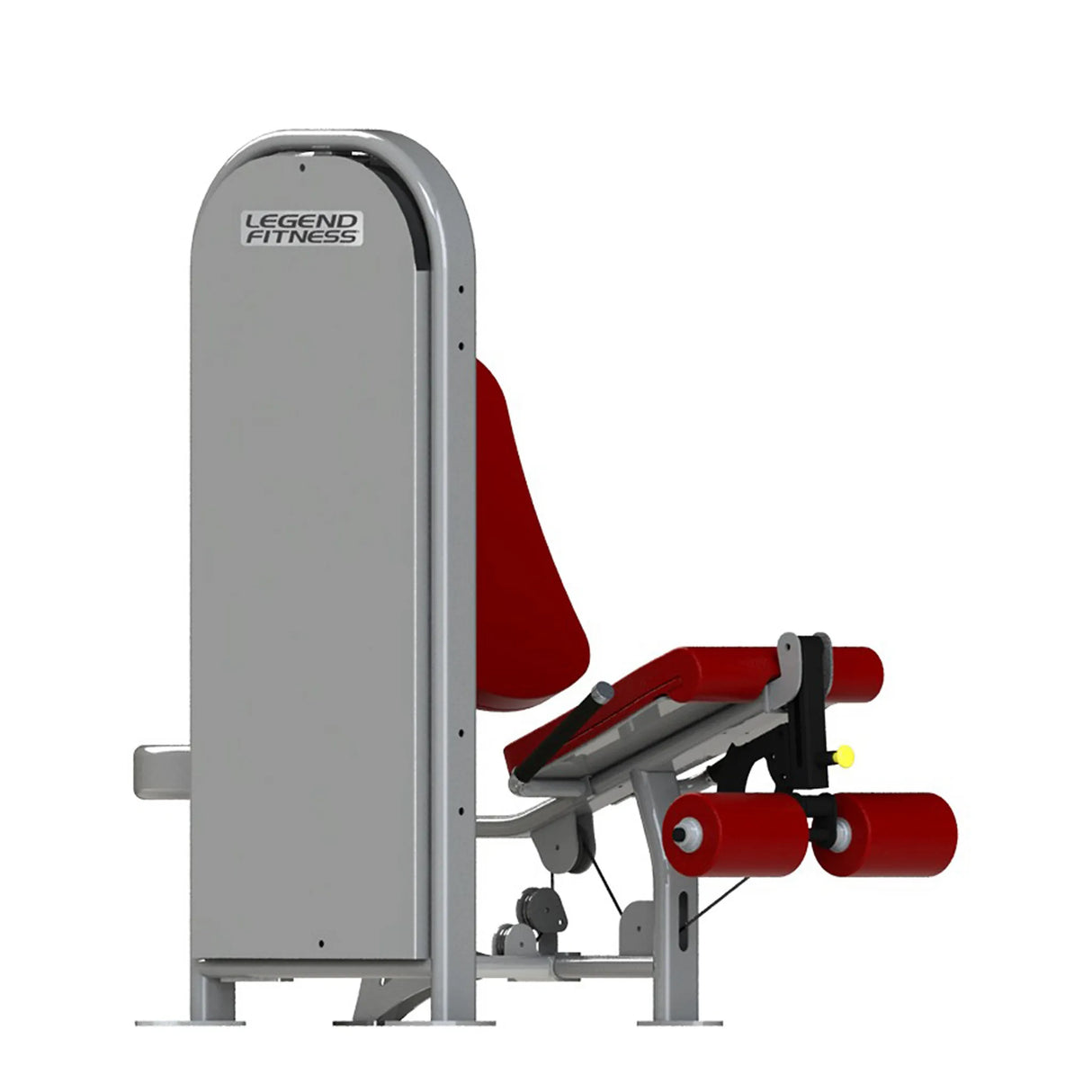 Gym fitness machine with red pads and a gray frame on a white background