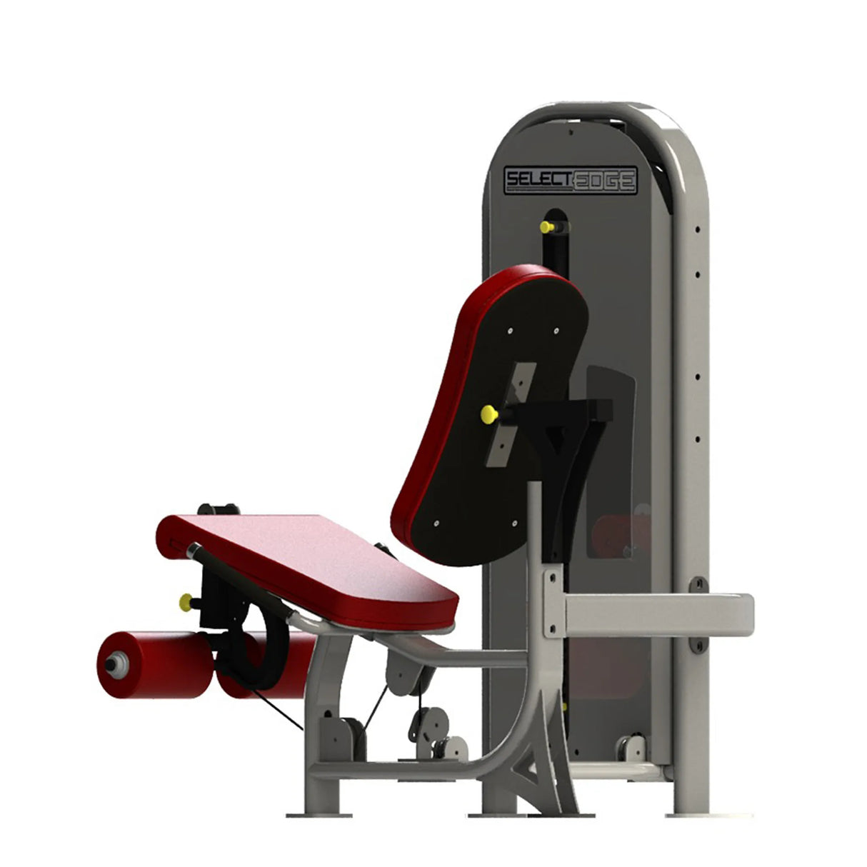 Gym fitness machine with red pads and a gray frame on a white background