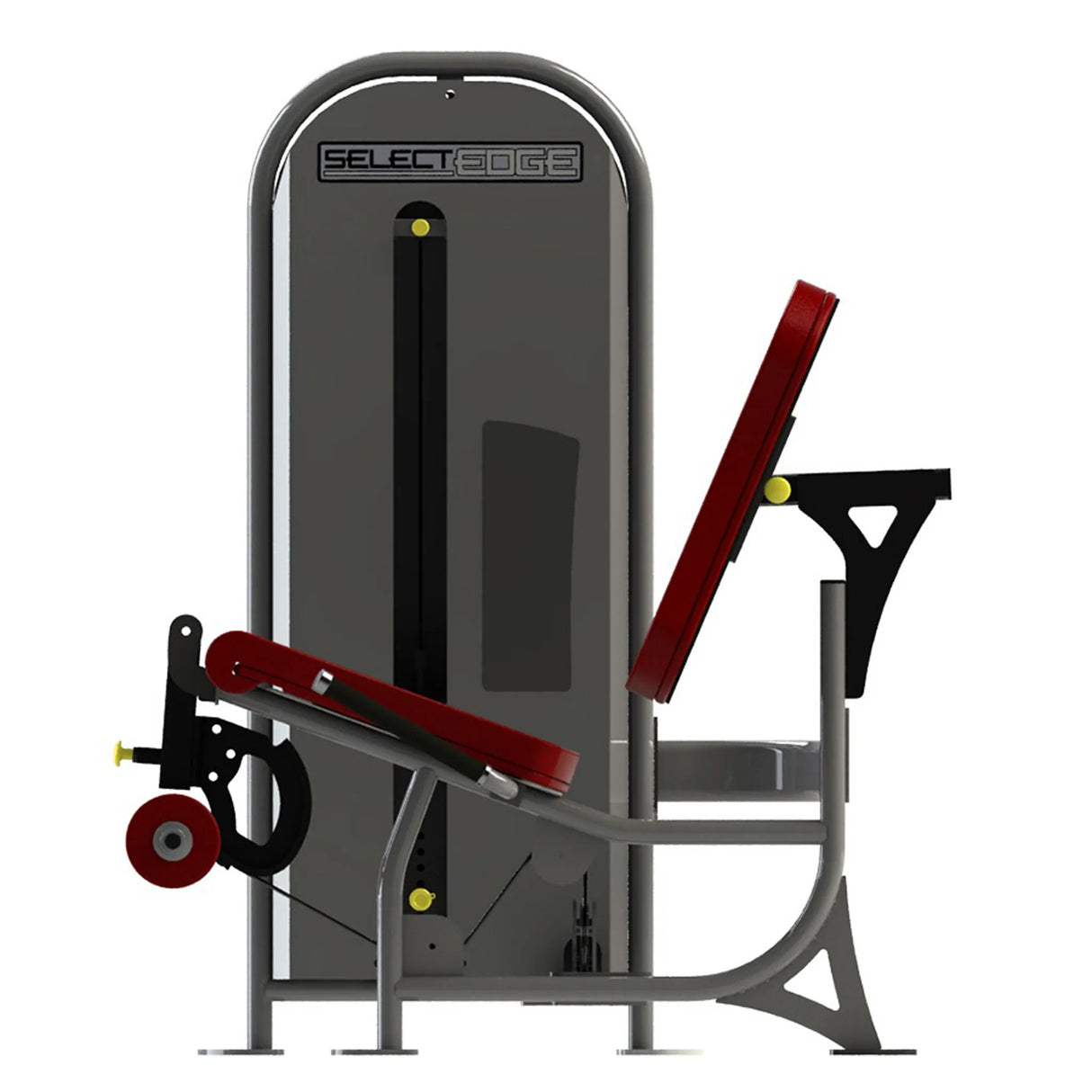 Gym fitness machine with red pads and a gray frame on a white background