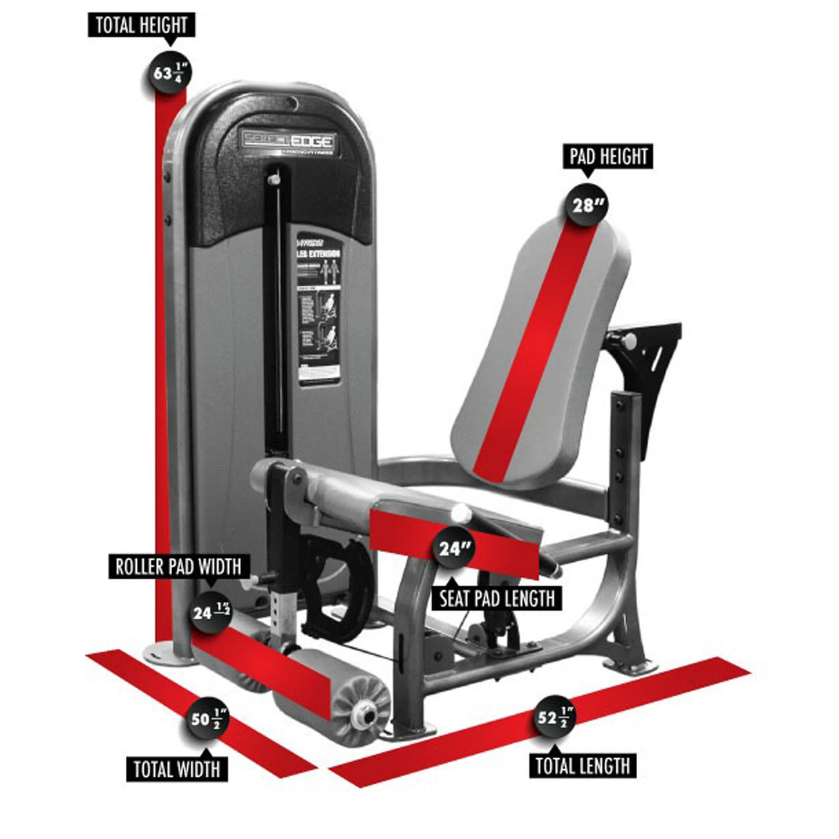 Gym machine with labeled dimensions on a white background