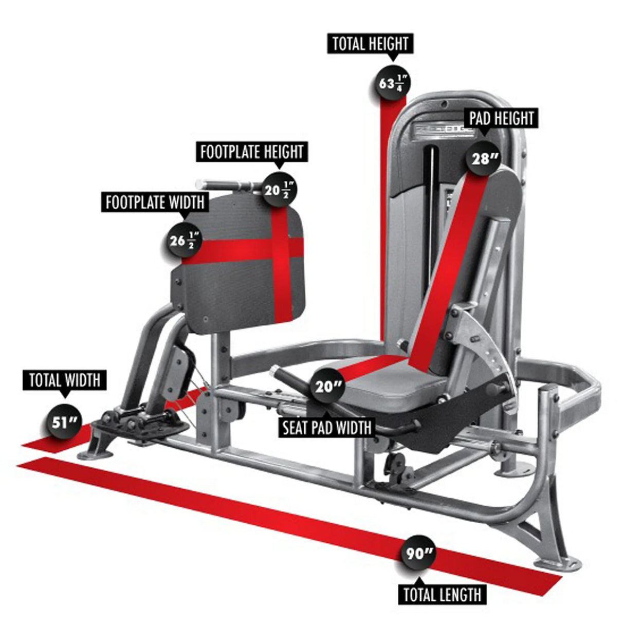 Gym machine with labeled dimensions on a white background