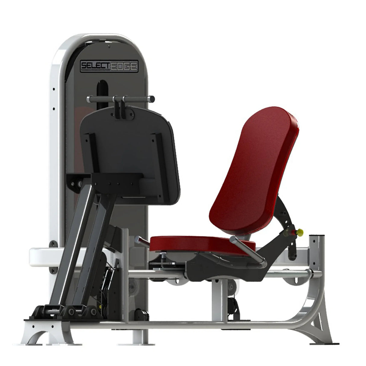 Gym fitness machine with red pads and a gray frame on a white background