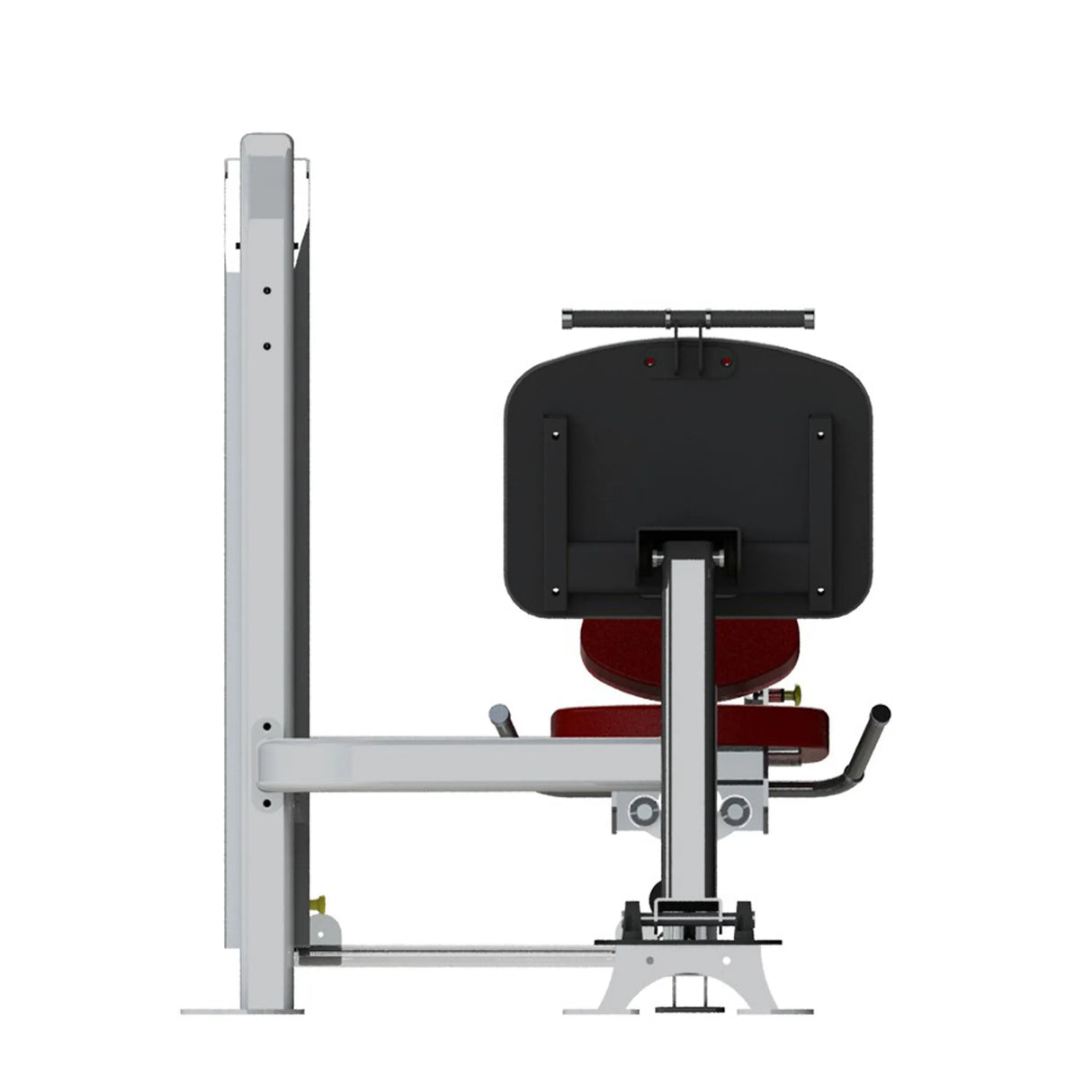 Gym fitness machine with red pads and a gray frame on a white background