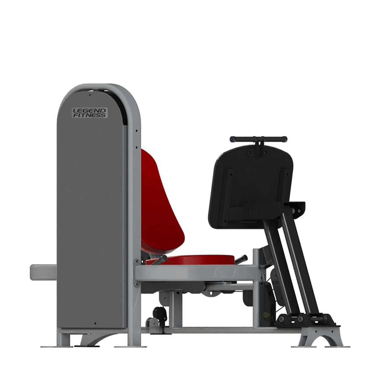 Gym fitness machine with red pads and a gray frame on a white background