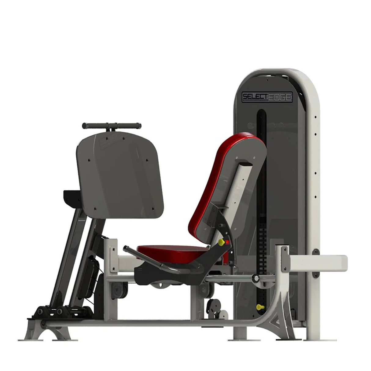 Gym fitness machine with red pads and a gray frame on a white background