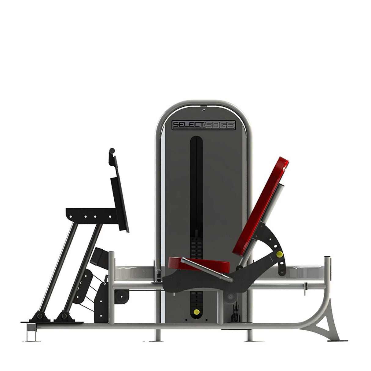 Gym fitness machine with red pads and a gray frame on a white background