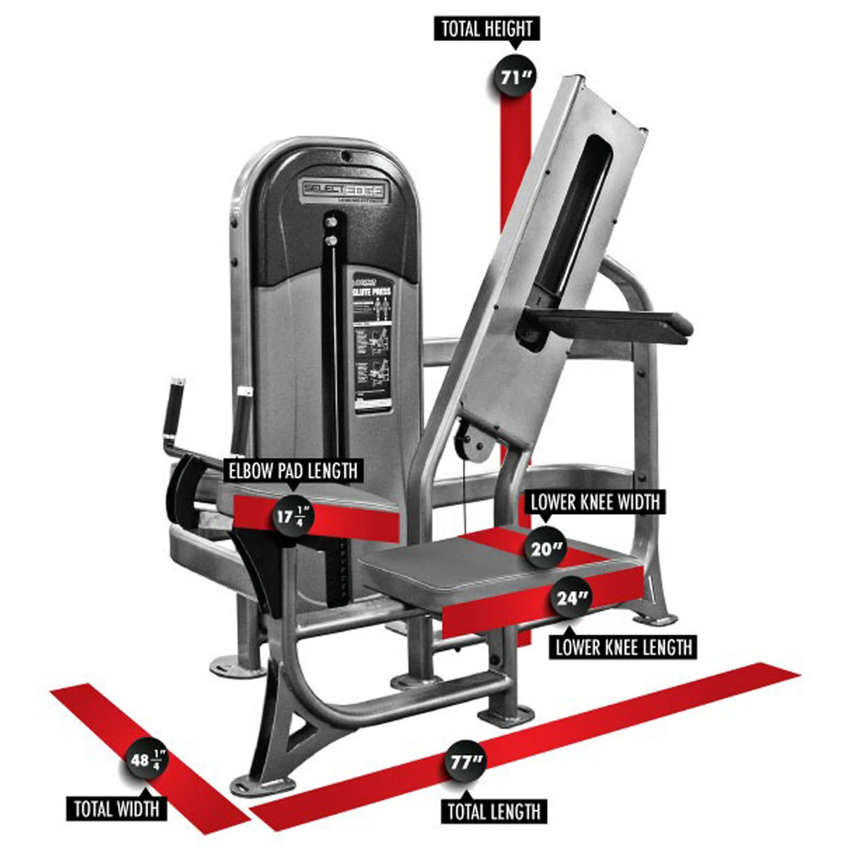 Gym machine with labeled dimensions on a white background