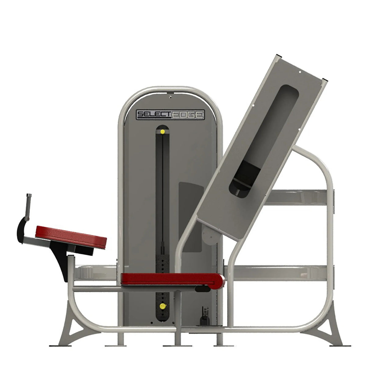 Gym fitness machine with red pads and a gray frame on a white background