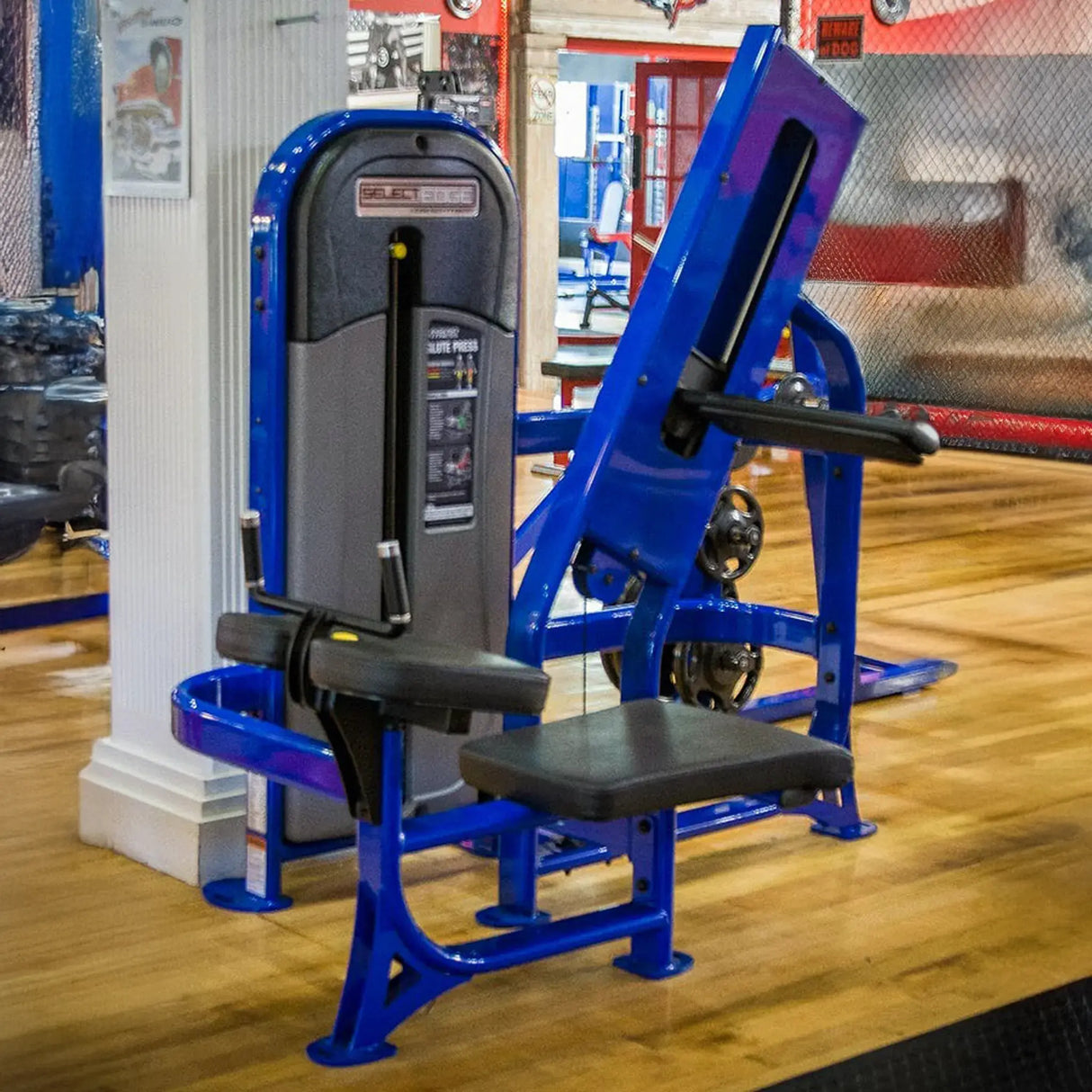 Blue and black weightlifting machine in a gym setting