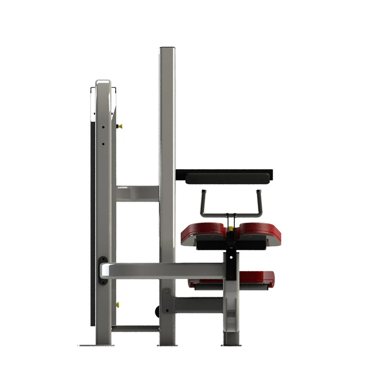 Gym fitness machine with red pads and a gray frame on a white background