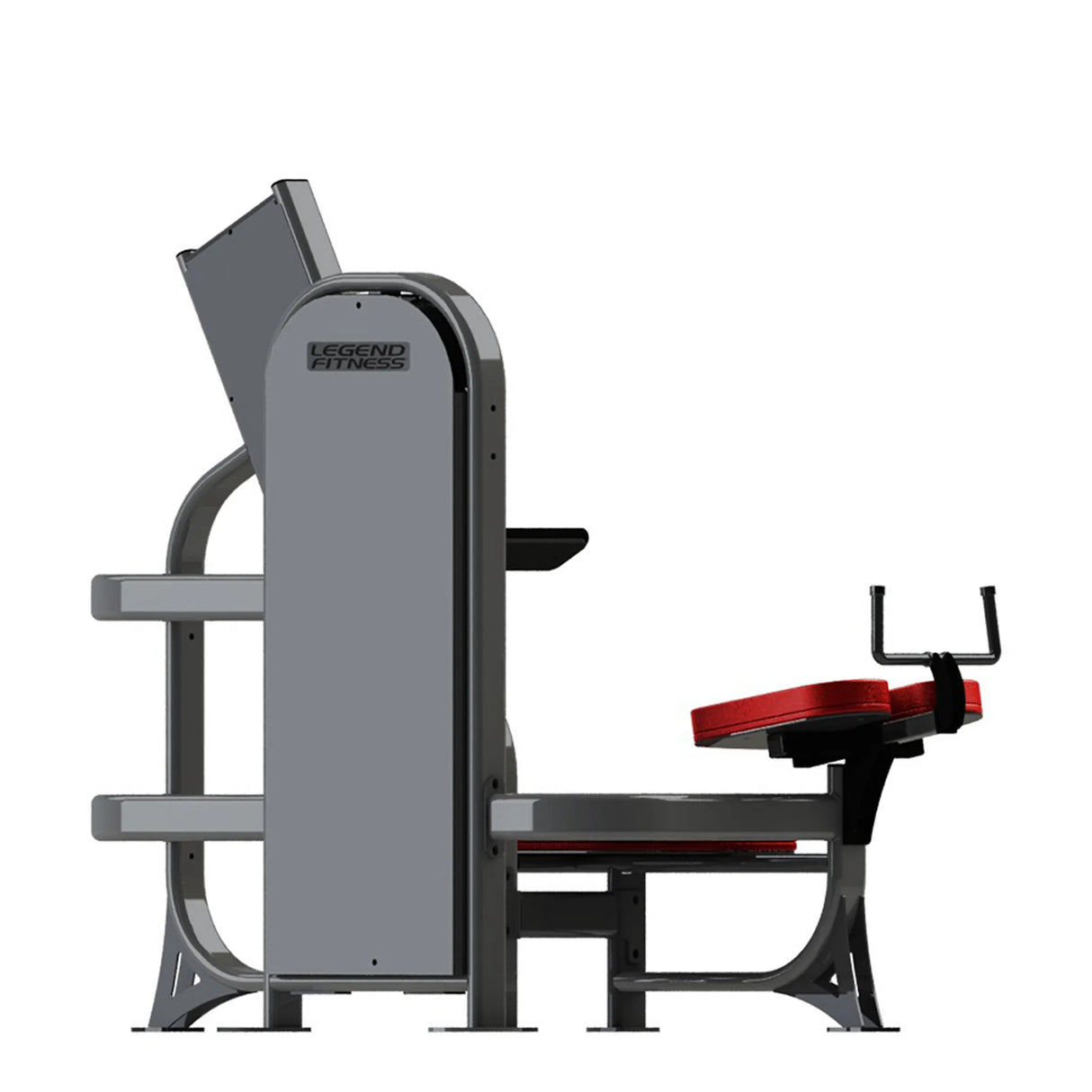 Gym fitness machine with red pads and a gray frame on a white background
