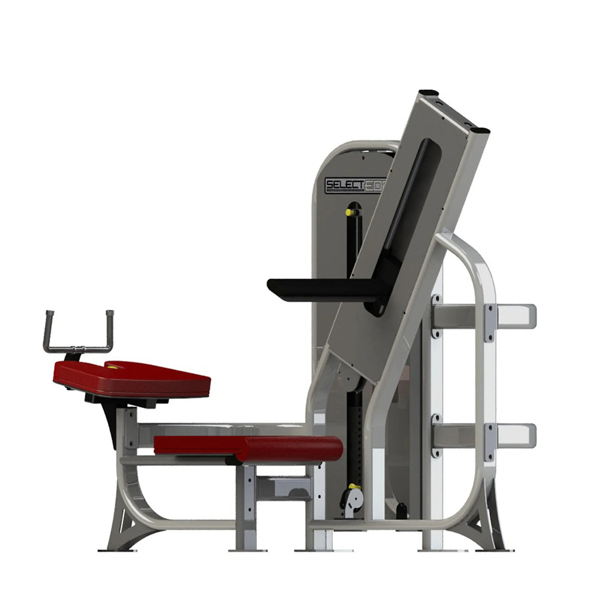 Gym fitness machine with red pads and a gray frame on a white background