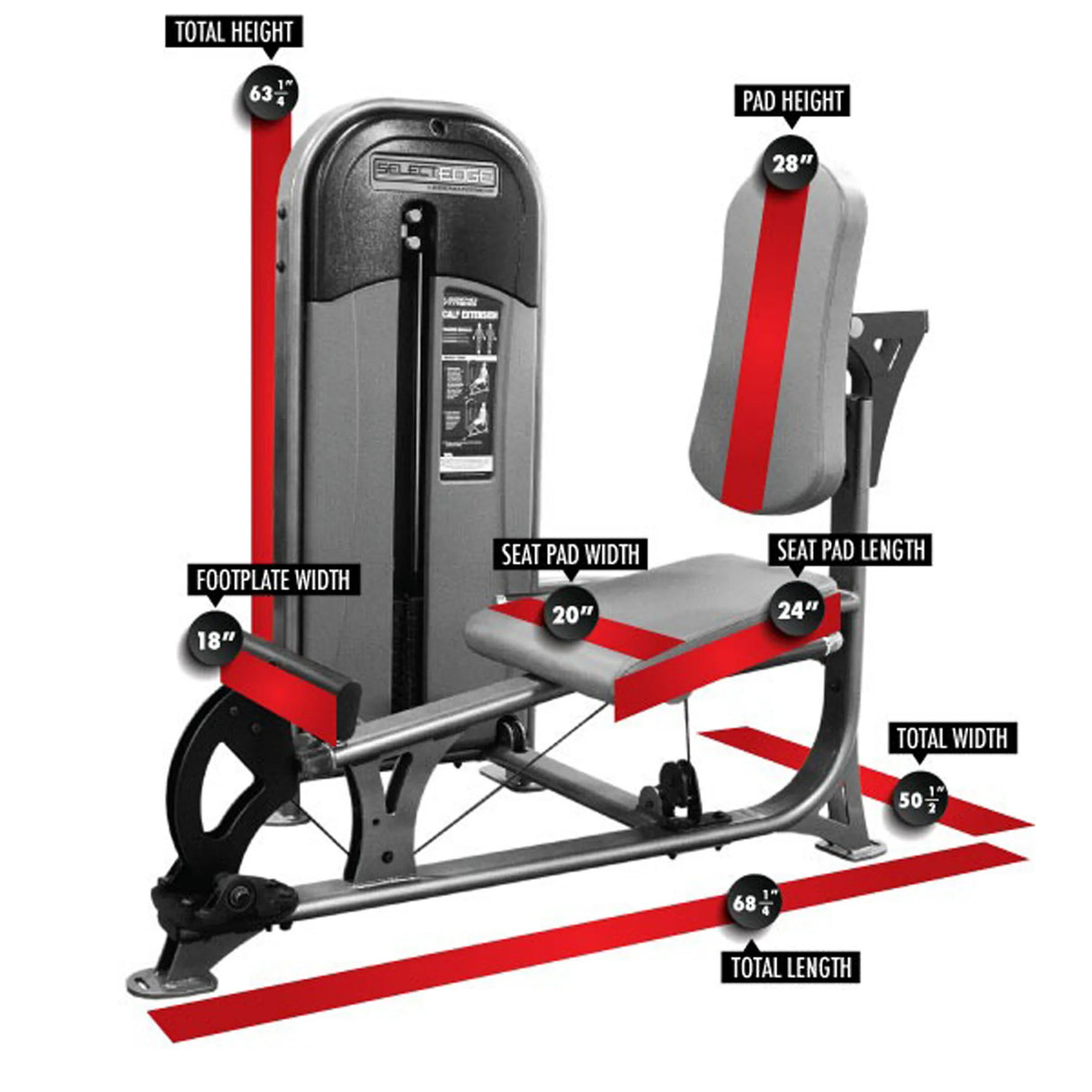 Gym machine with labeled dimensions on a white background