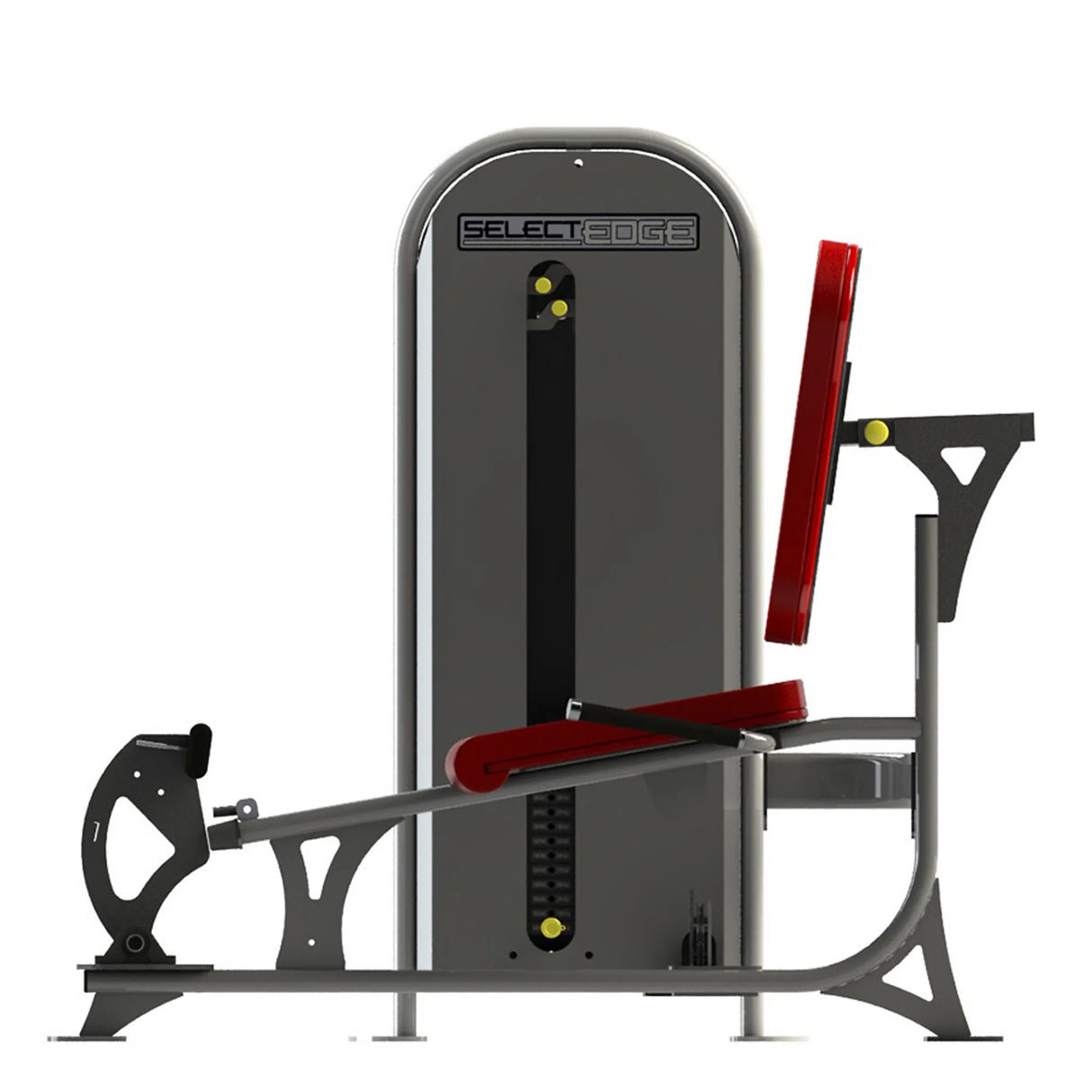 Gray gym machine with red padding on a white background