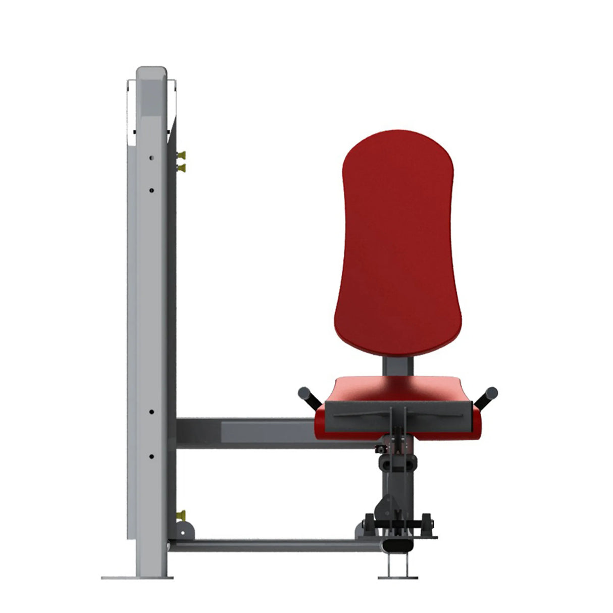 Gym fitness machine with red pads and a gray frame on a white background