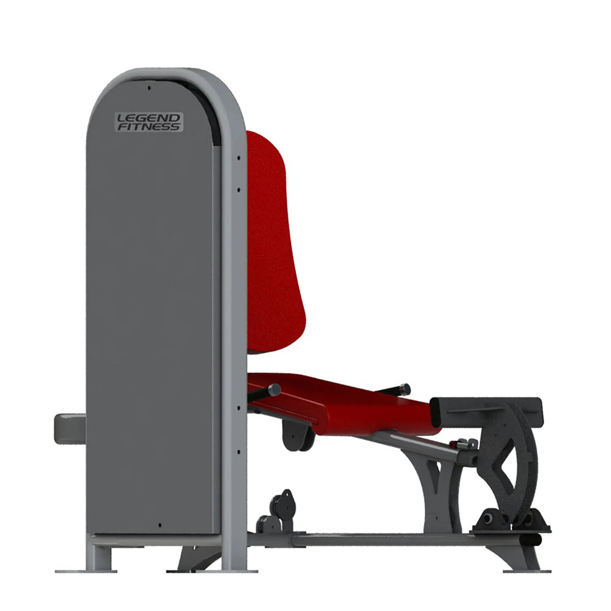 Gym fitness machine with red pads and a gray frame on a white background