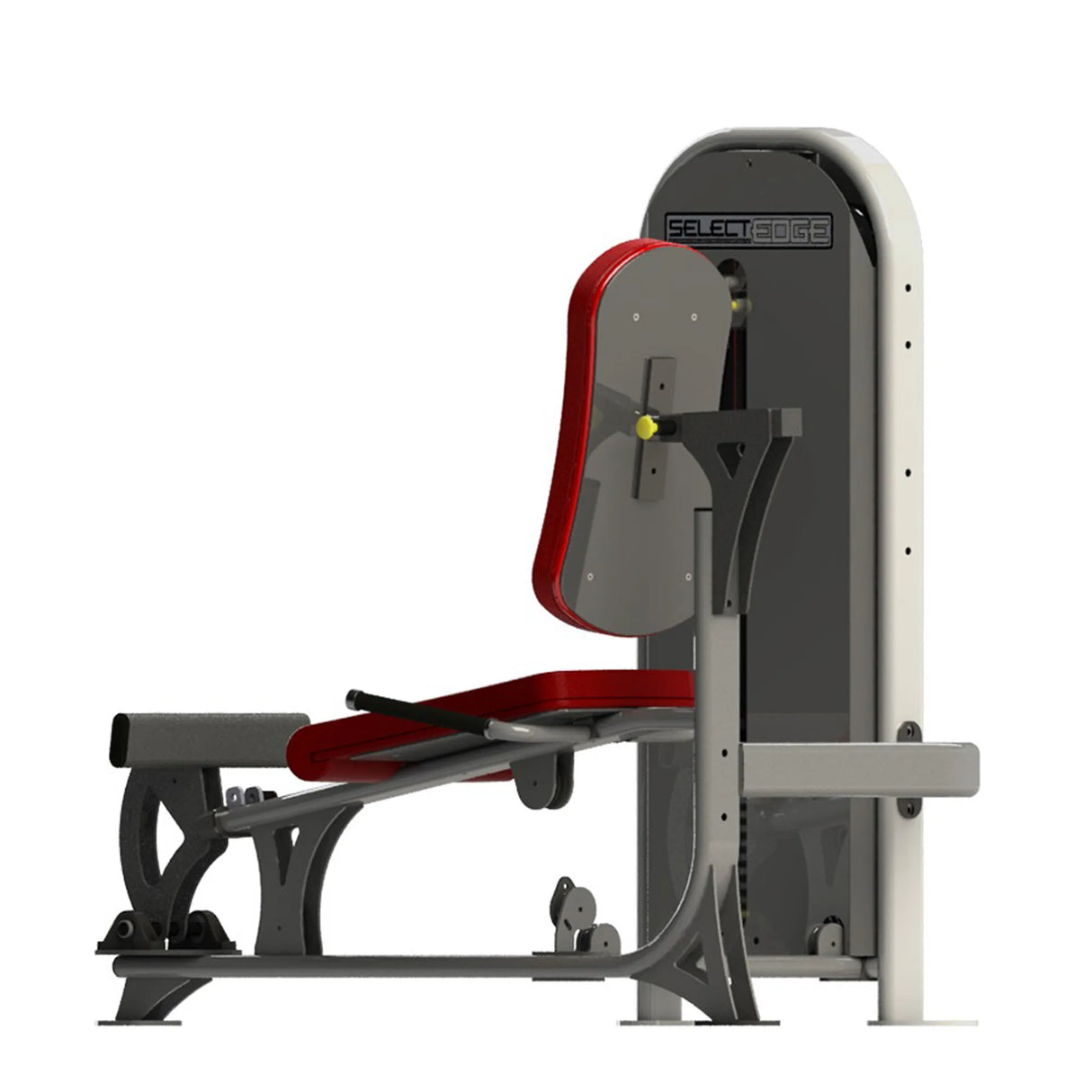 Gym fitness machine with red pads and a gray frame on a white background