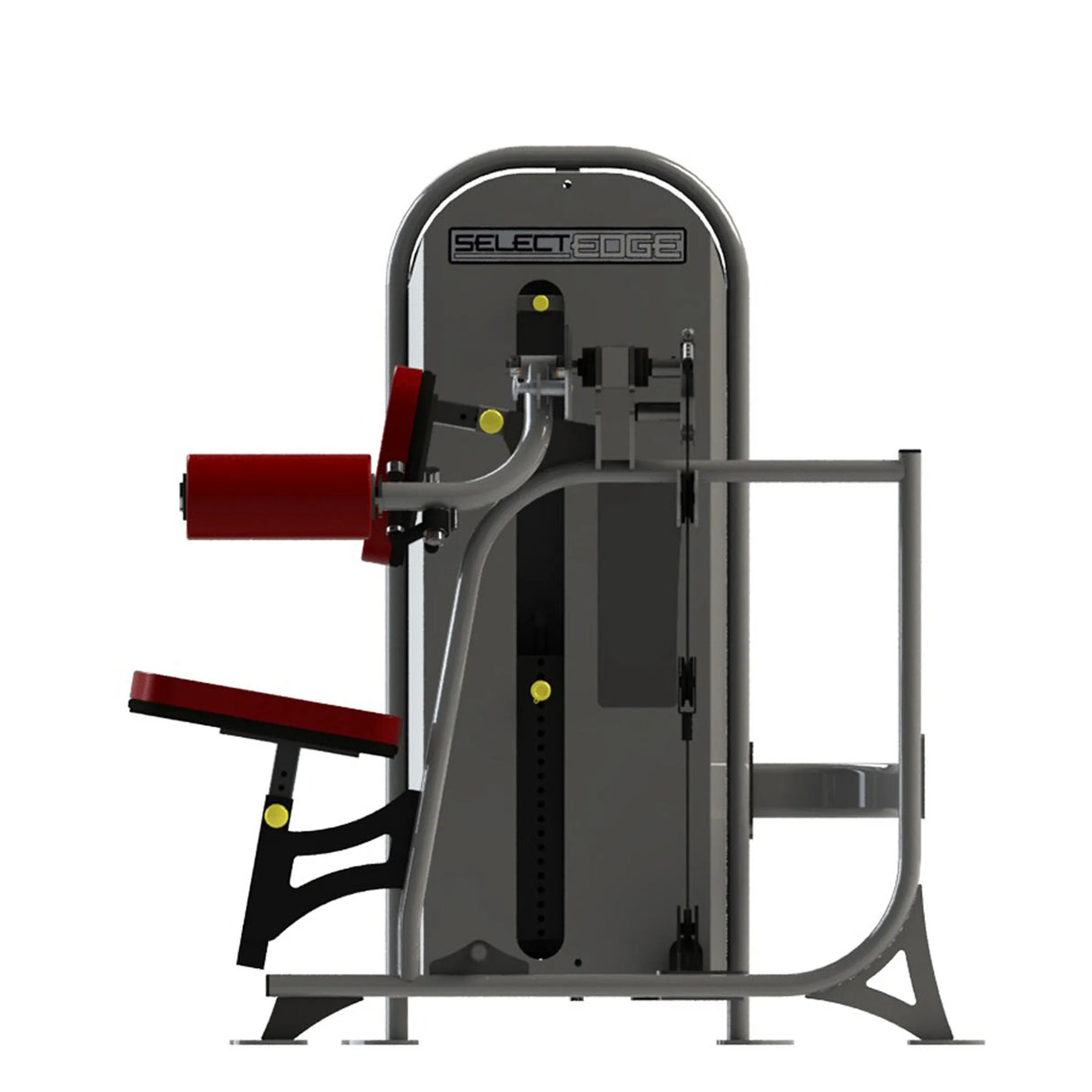 Gym fitness machine with red pads and a gray frame on a white background