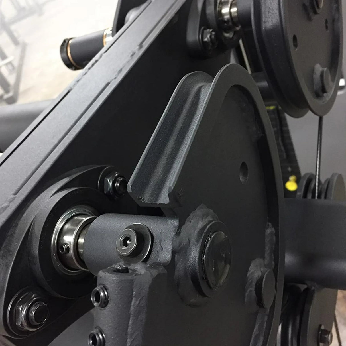 Close-up of mechanical components with gears and metal parts.