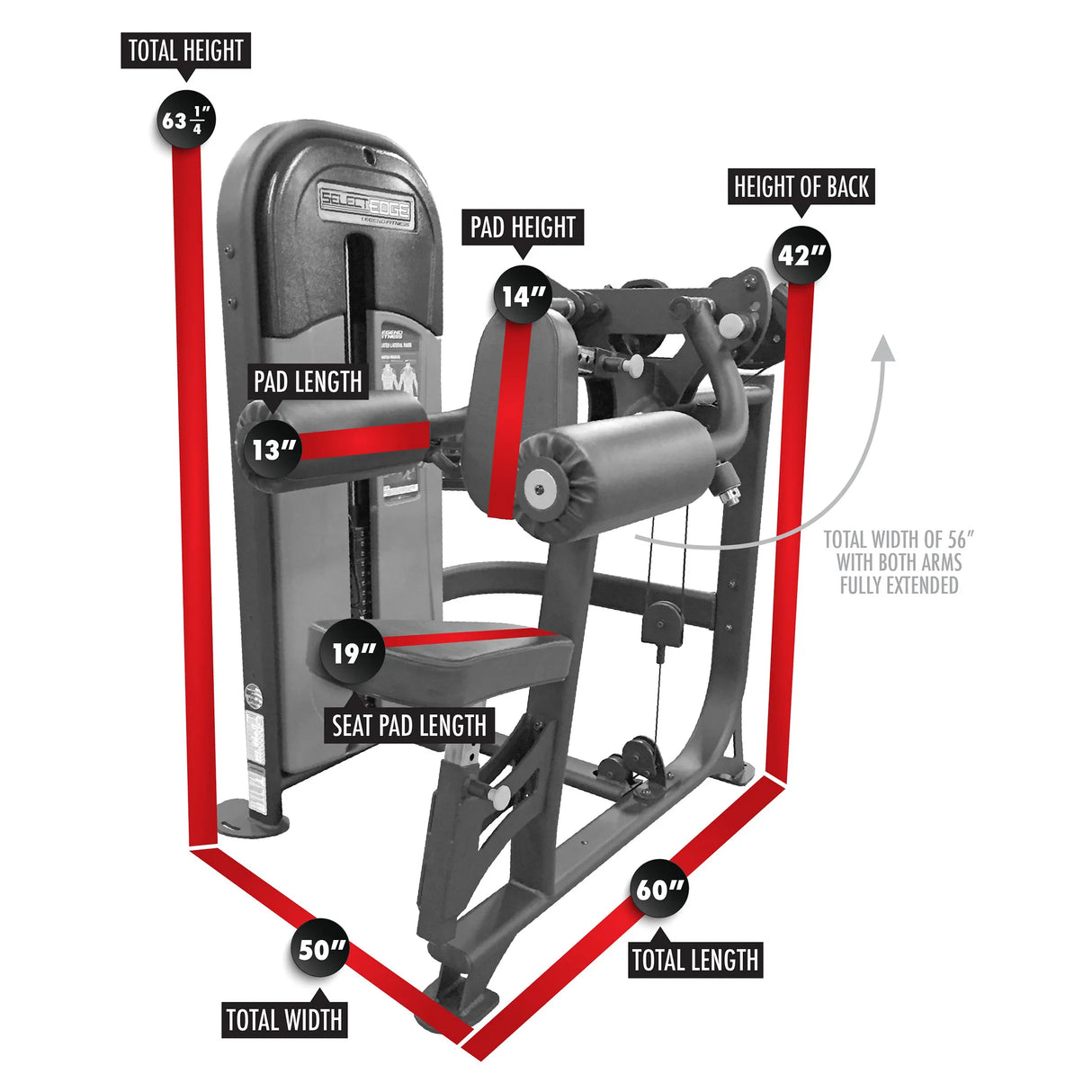 Gym machine with labeled dimensions on a white background