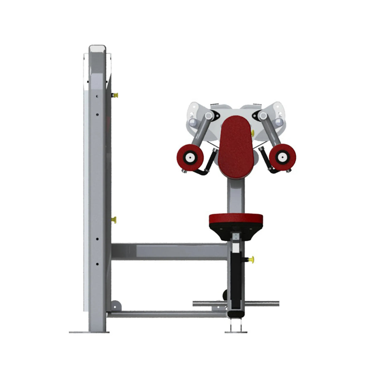 Gym fitness machine with red pads and a gray frame on a white background