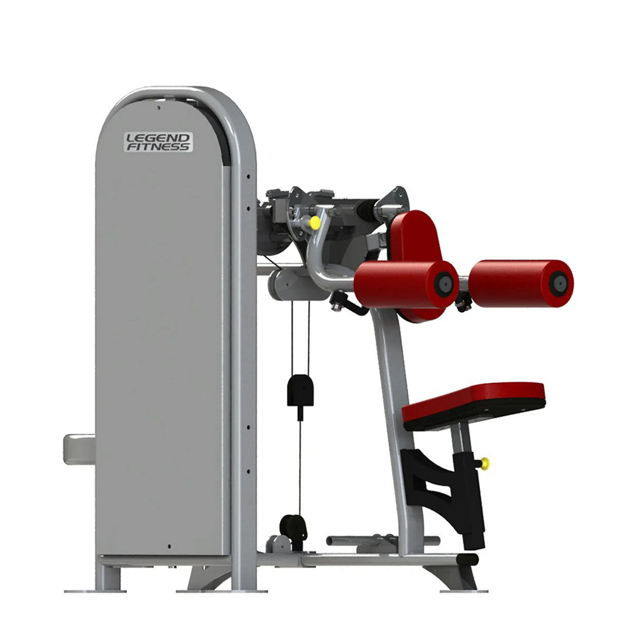 Gym fitness machine with red pads and a gray frame on a white background