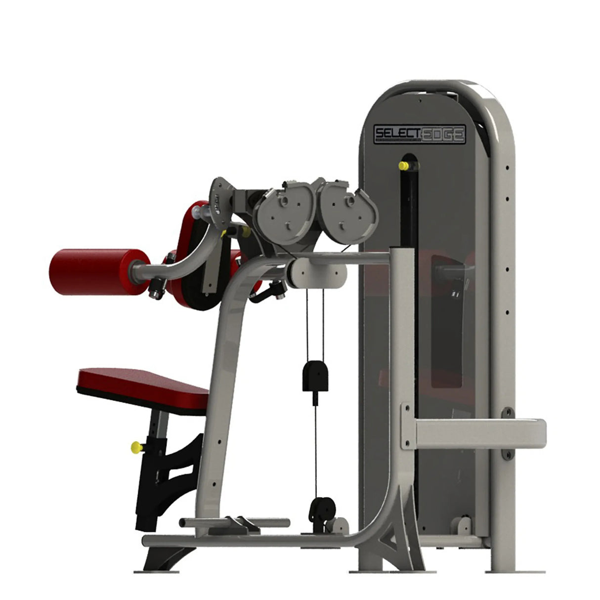 Gym fitness machine with red pads and a gray frame on a white background