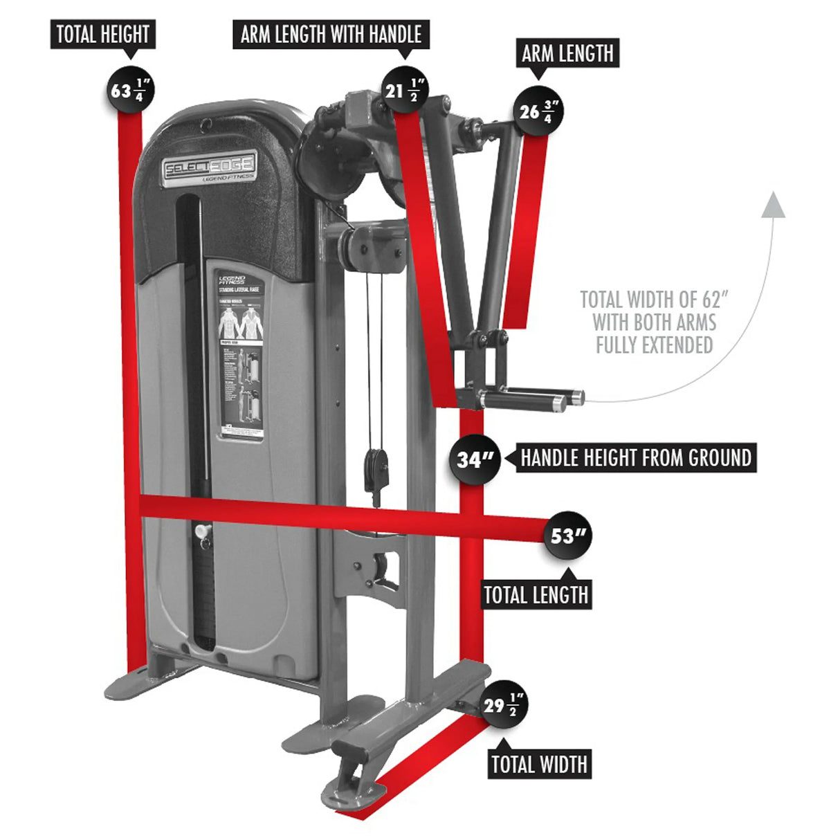 Measurement chart of a piece of gym equipment with labeled dimensions.
