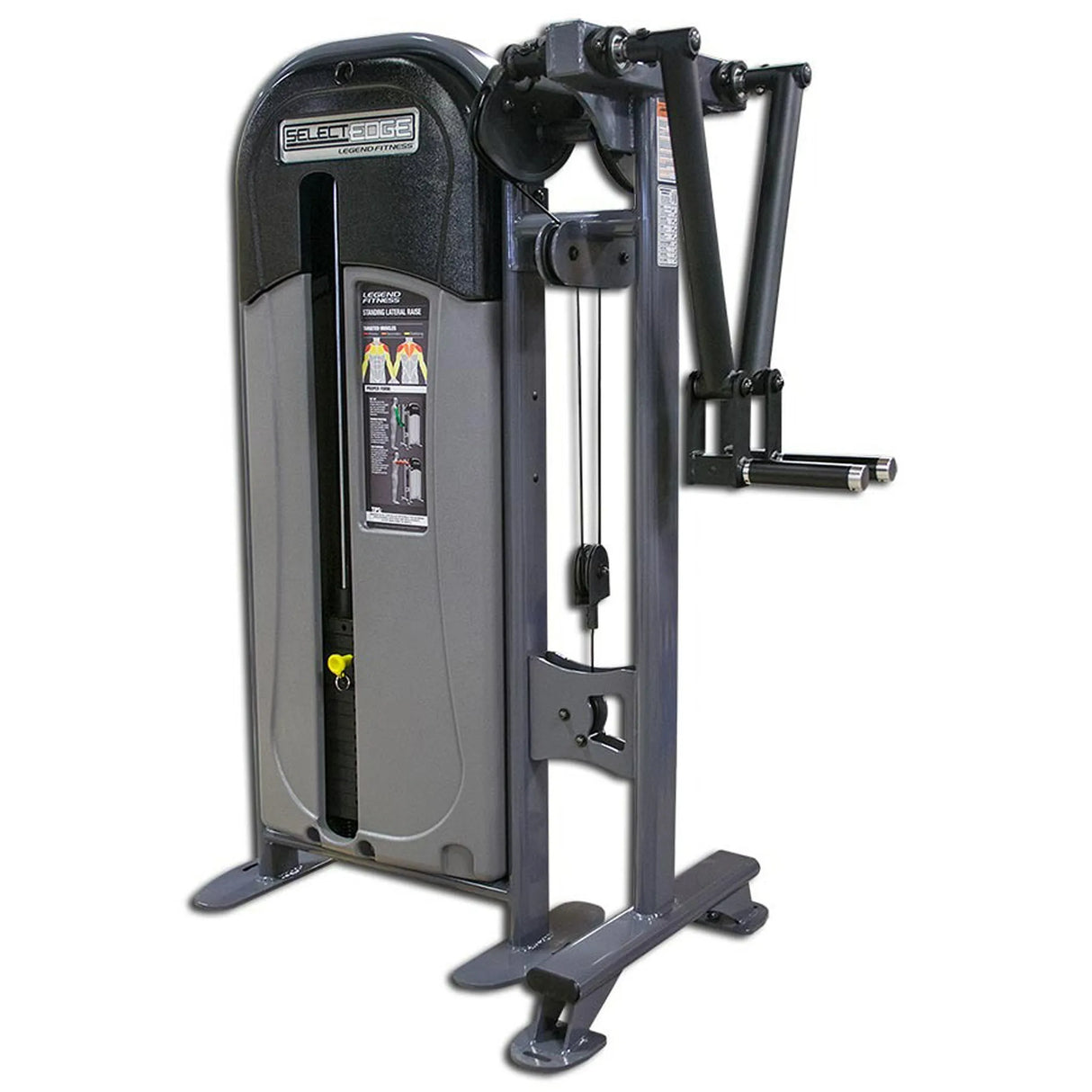 Gray gym machine with branding on a white background