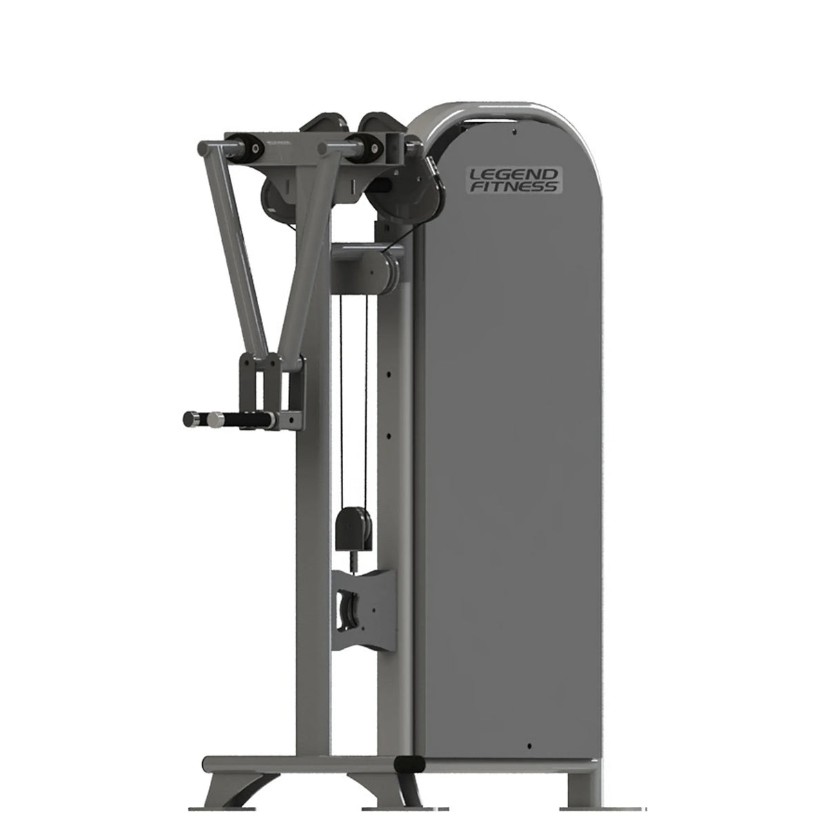Gray gym machine with 'Legend Fitness' branding on a white background
