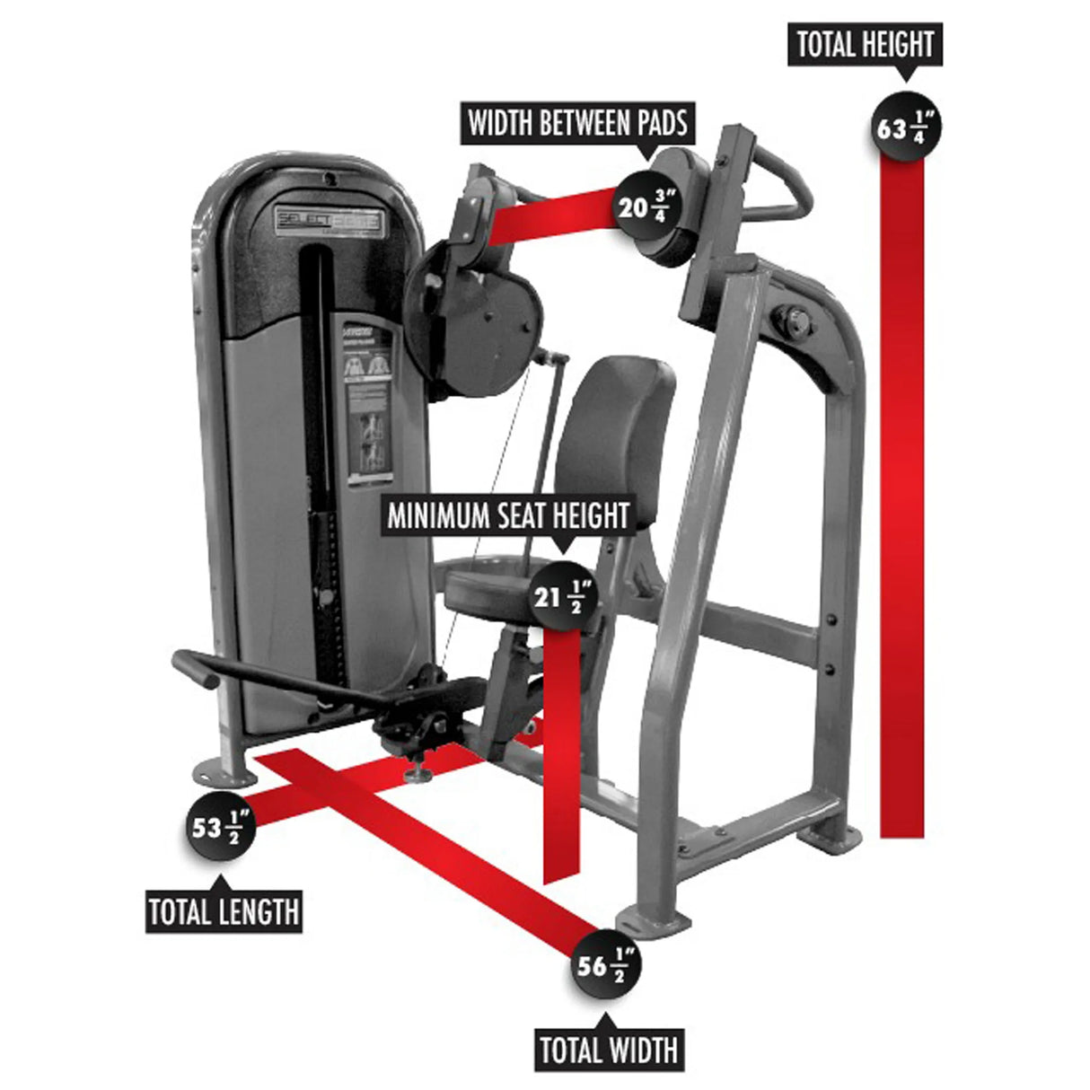 Gym machine with labeled dimensions on a white background