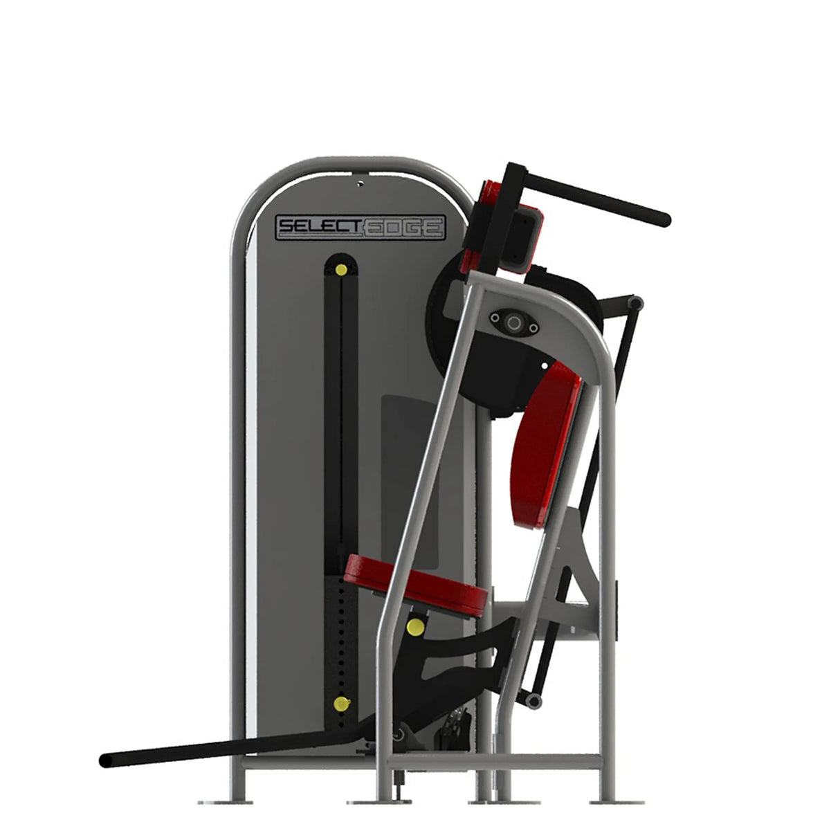 Gym machine with red pads and gray frame on a white background