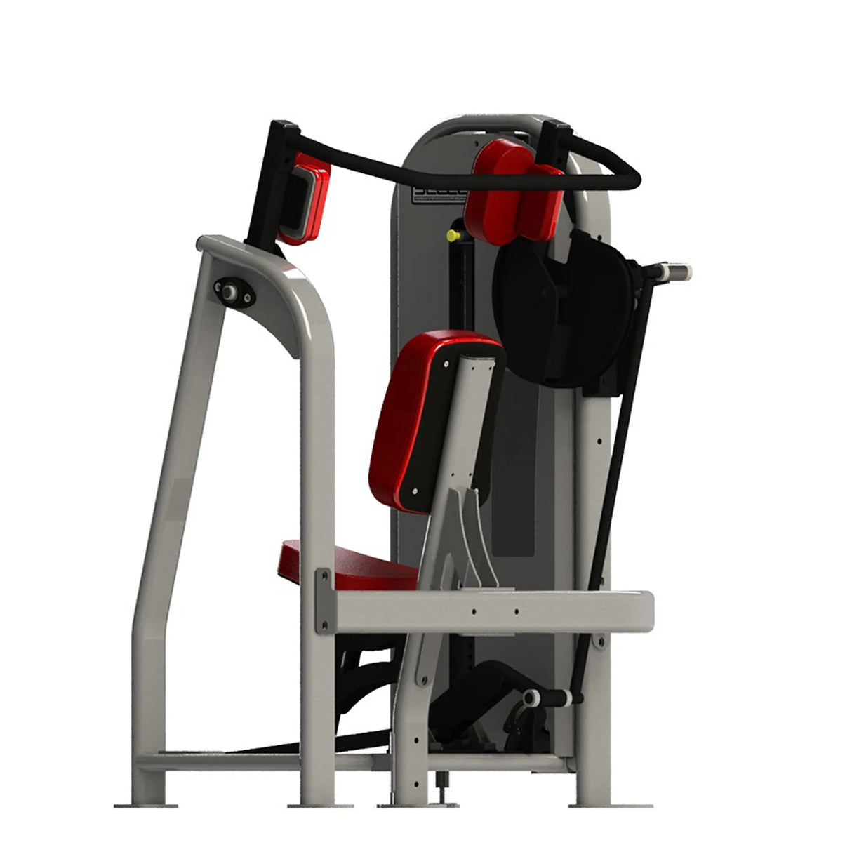 Gym machine with red pads and gray frame on a white background