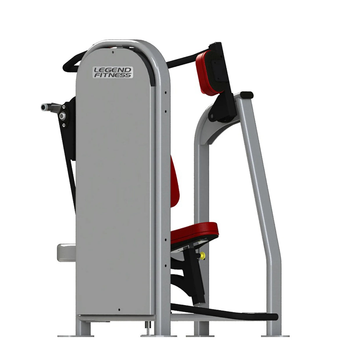 Gym machine with red pads and gray frame on a white background