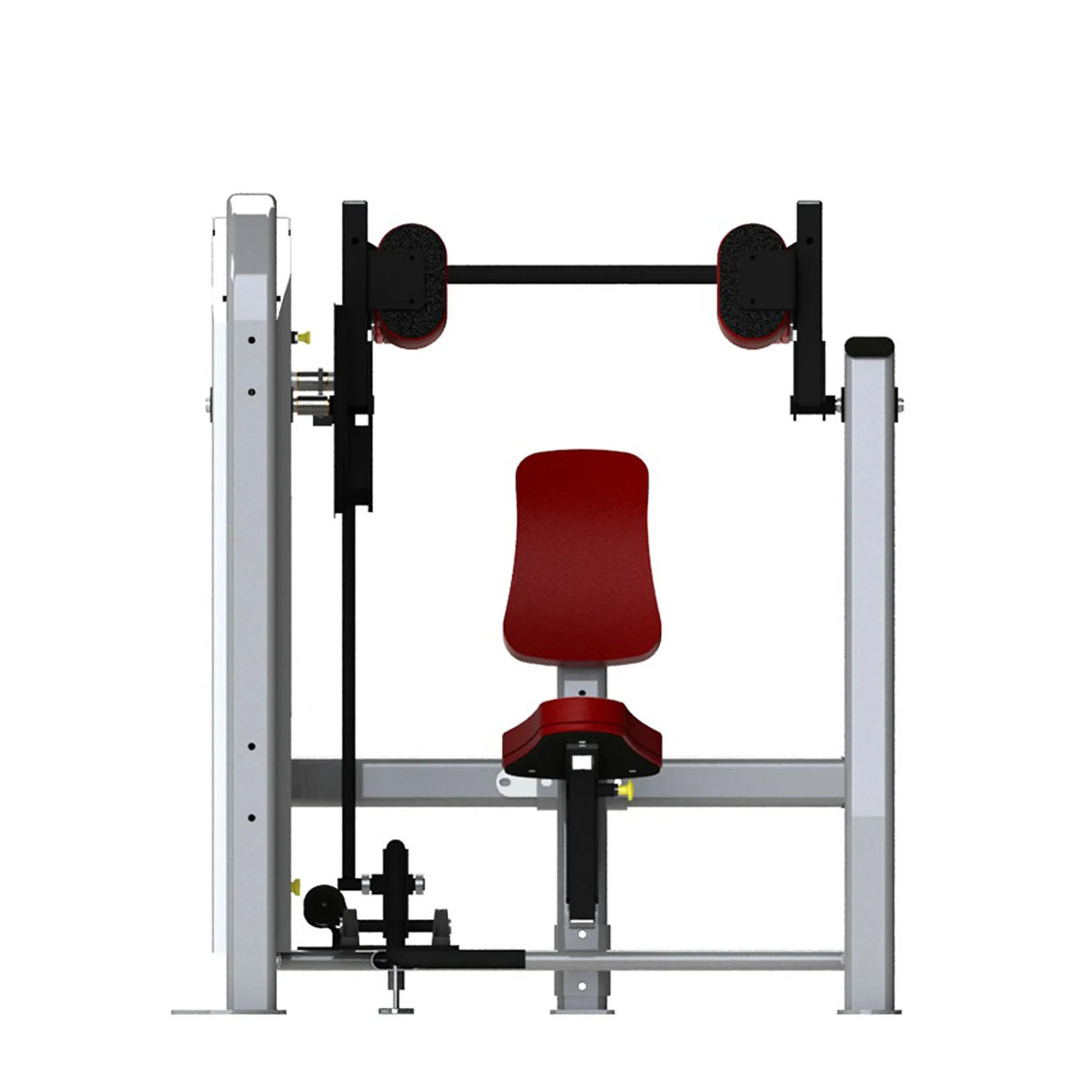 Gym machine with red pads and gray frame on a white background