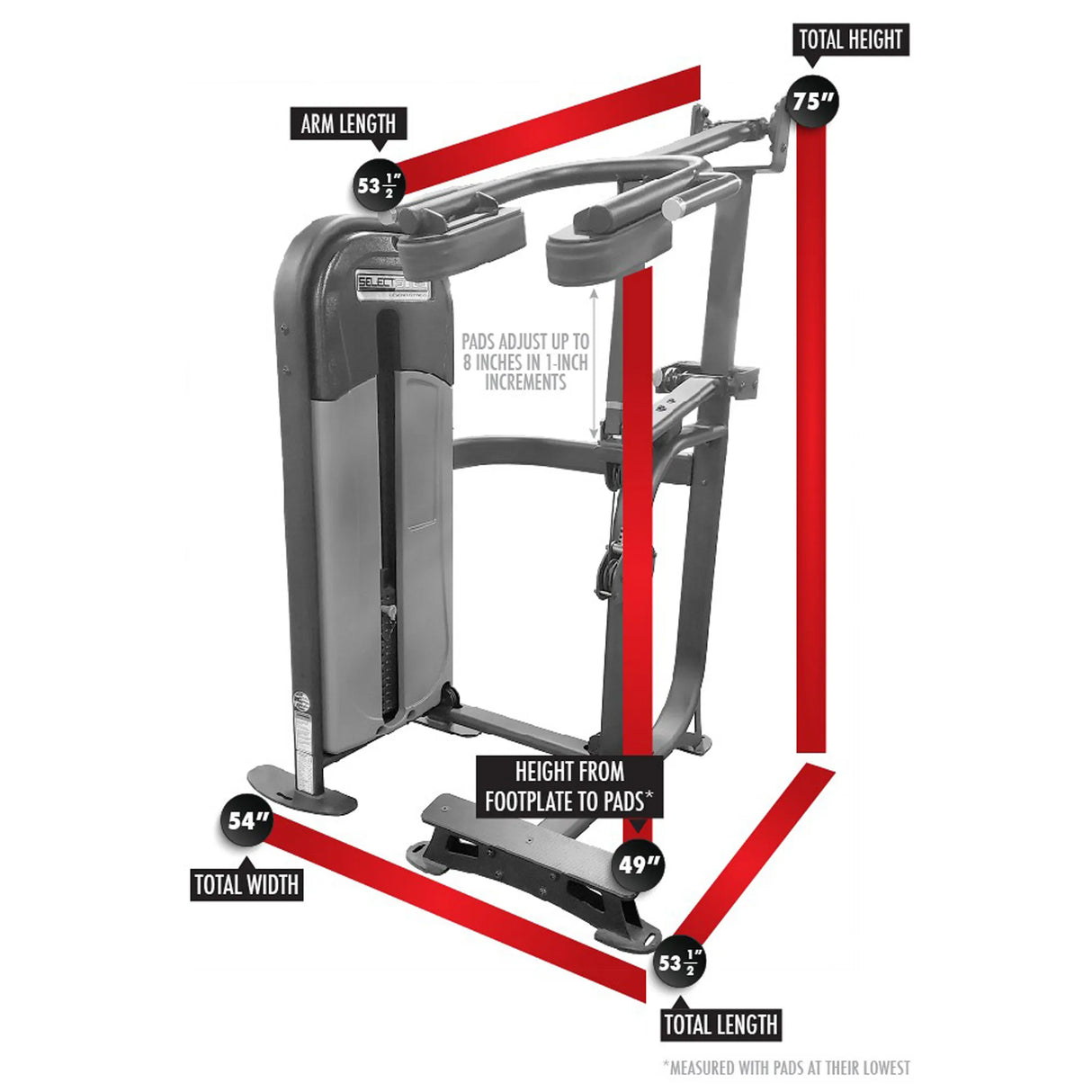 Measurement chart of a gym machine with dimensions labeled.