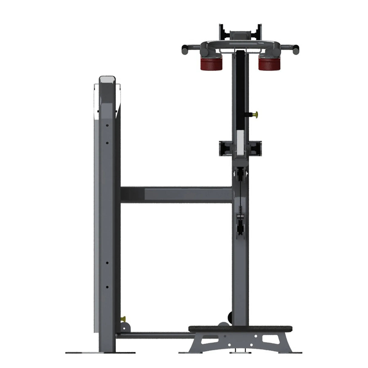 Gym machine with red pads and gray frame on a white background