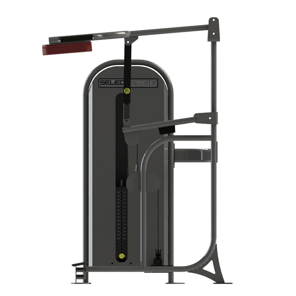 Gym machine with red pads and gray frame on a white background