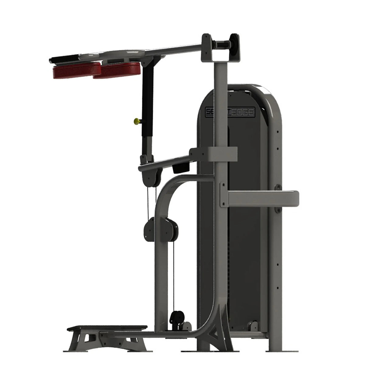 Gym machine with red pads and gray frame on a white background