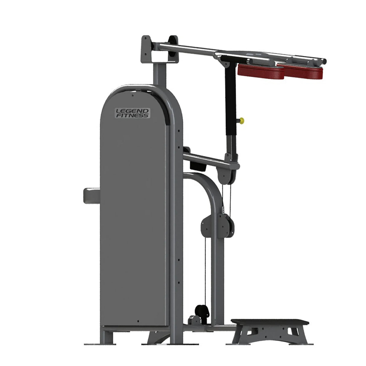 Gym machine with red pads and gray frame on a white background